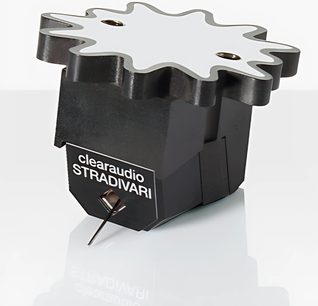 Картридж для програвача вінілових платівок ClearAudio Stradivari v2 чорного кольору, вигляд зверху під кутом, тонарм у формі срібної зірки