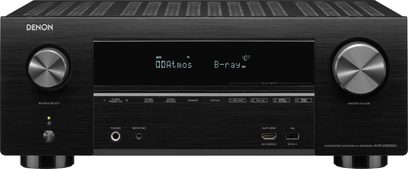 Denon AVR-X3500H sort hjemmebiografsforstærker, set forfra, sort front med LCD-skærm, knapper og stik på fronten, to sølvfarvede drejeknapper