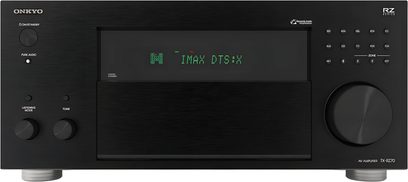 Domácí kino Onkyo TX-RZ70 v černé barvě, pohled zepředu, zelený display "IMAX DTS:X", tlačítka a ovládací kolečko vpravo