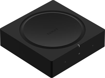 Čierny stereofónny integrovaný hi-fi zosilňovač Sonos Amp, minimalistické štvorcové puzdro s kruhovou hornou časťou a dotykovým ovládaním na prednej strane