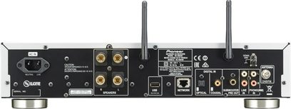 Hi-fi systém Pioneer NC-50D černý, zadní pohled, audio a síťová konektivita, 2 Wi-Fi antény, černé provedení