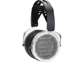 Відкриті металеві навушники Hifiman HE600 сріблясто-чорного кольору, стільникові решітки, товсті амбушури, подвійна дуга, вид збоку