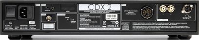 Naim Audio CDX2 CD-Player schwarz, Rückansicht, Audio- und Stromanschlüsse, Schalter, silberne Aufschrift