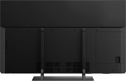 Televizor Panasonic TX-55EZ950E, vedere frontală, ecran stins negru, ramă subțire neagră mată, suporturi negre, 3 porturi în spate