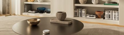 Round black metal coffee table with gold bowl, stone vase, and small white disc, white shelves filled with books