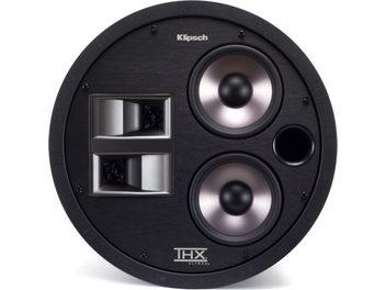Įmontuojama Klipsch THX Ultra2 KS-7800-THX garso kolonėlė, juodu priekiniu skydeliu su 2 koncentriniais sidabriniais garsiakalbiais ir THX logotipu