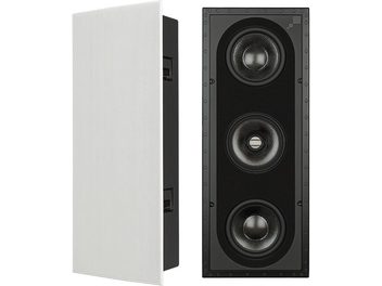 Вбудована акустична система Sonance R1, вигляд спереду, чорна решітка з трьома круглими динаміками, білий прямокутний корпус