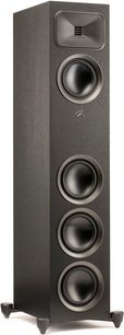 Sloupcový reproduktor MartinLogan Foundation F1 v matné černé barvě, pohled zepředu, 4 kulaté reproduktory, páskový výškový reproduktor, tmavá dřevěná skříň