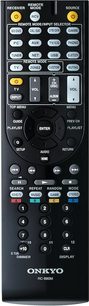 Sort Onkyo RC-880M fjernbetjening med flerfarvet knapper og LCD-skærm, set forfra