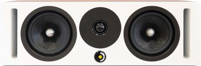 Coluna central Davis Acoustics Krypton C Nordik branca, vista frontal, 2 altifalantes pretos texturizados, tweeter central preto, aberturas laterais