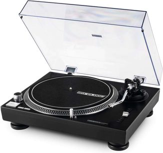 Reloop RP 1000 MK2 siyah plak çalar, şeffaf kapak açık, hafif eğimli ön görünüm