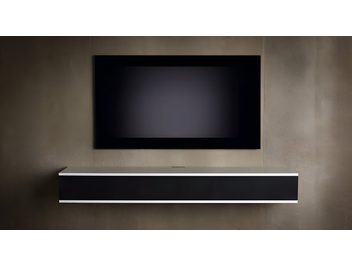 Unnu Classic Series Model 130S duvar tipi audio-video mobilya, düz siyah ön panel, beyaz kenarlar, malzeme belirtilmemiş, önden görünüm