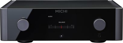 Michi P5 Series 2 stereo forforstærker, set forfra, rektangulært sort kabinet, 2 cirkulære knapper, centralt display