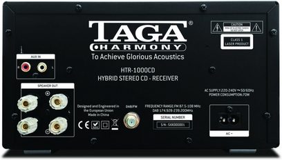 Taga Harmony HTR-1000CD sort højfidelitets hybrid-stereosystem, front, forfra, 4 knapper, 4 stik, skærm