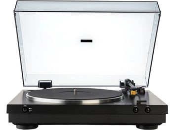 Czarny gramofon hi-fi Dual CS 329 z metalu i plastiku, prostokątna podstawa z czarnym talerzem otoczonym srebrnym pierścieniem, ramię odtwarzające po prawej stronie i przyciski sterujące z przodu, uniesiona przezroczysta pokrywa, widok z przodu