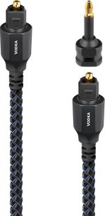 Optisches Digitalkabel Audioquest Vodka mit schwarzer und blauer Nylon-Geflechtummantelung, schwarze Toslink-Stecker aus Kunststoff mit goldfarbenen Metallspitzen und passendem Mini-Toslink-Adapter, Dreiviertelansicht