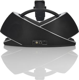 JBL On Beat Xtreme sort multimediehøjttaler, set forfra, med dockingstation til mobilenhed og kontrolknapper på toppen