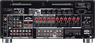 Onkyo TX-RZ830 sølvfarvet hjemmebiografsforstærker, set forfra, med mange lyd/video-stik, knapper og drejeknapper til justering