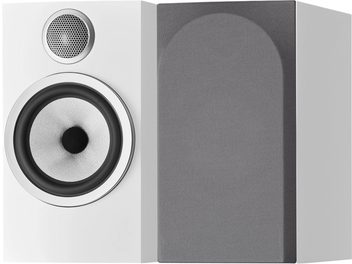 Diffusore da scaffale Bowers & Wilkins 706 S3 bianco satinato, vista frontale, tweeter circolare in alto, altoparlante medio in basso, griglia grigia a destra