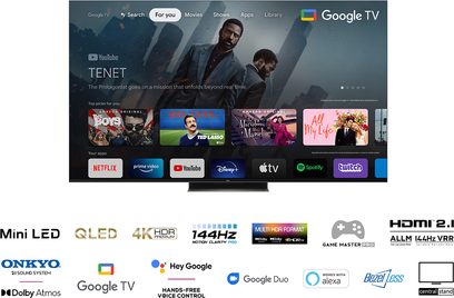 TCL 65C831 2022 fladskærms-TV med Google TV-interface, der viser miniaturebilleder af film, tv-serier og streaming-apps