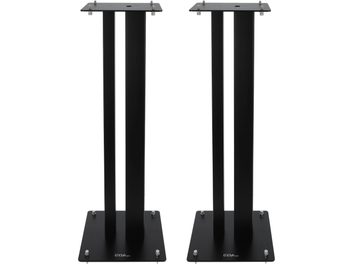 Luidsprekerstandaard Enova HIFI MAJESTY 80 BL, vooraanzicht, 2 zwarte steunen, vierkante basis, 4 zichtbare schroeven op elk plateau