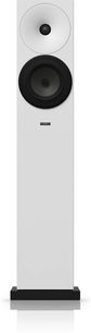 Amphion Argon 3LS sort og hvid gulvhøjttaler, set forfra, hvid basreflekskabinet, sort højttaler, sort fod