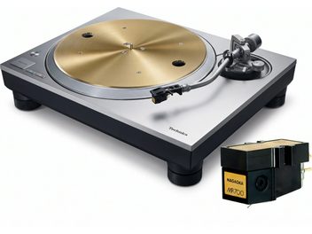 Giradischi Technics argentato con piatto dorato e braccio a S, con testina Nagaoka MP-700 nera e dorata