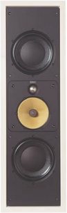 Vestavný reproduktor Bowers & Wilkins Sig 8NT, pohled zepředu, černá ozvučnice, zlatý reproduktor, dva černé reproduktory