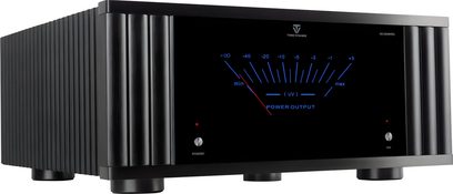 Hi-fi effektforstærker Tonewinner AD2500 PRO sort, front med blå VU-meter og sider med lodrette køleribber