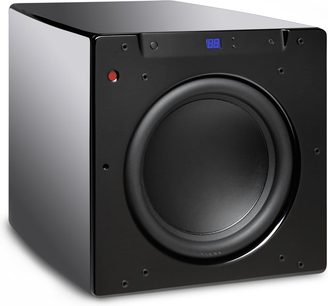 Velodyne SPL-1200U sort subwoofer set forfra, blåt display, rød knap, højttaler ikke synlig