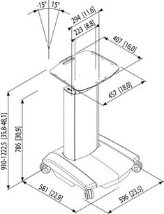 Teknisk diagram med dimensioner af et loftophæng til videoprojektor Vogel's PPT 2300 set forfra og fra siden