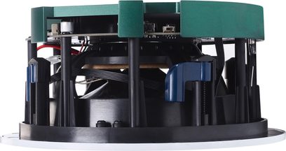 Таванен вграждан високоговорител ArtSound SMART IN SET, страничен изглед, кръгла черна структура, зелени и сини елементи