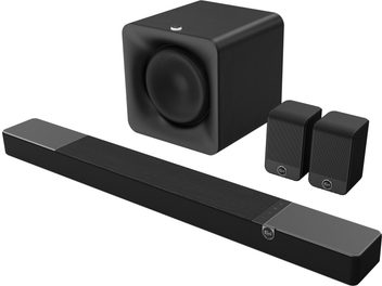 Soundbar Klipsch Flexus Core 200 nera con subwoofer Sub 100 Cube e due diffusori surround Surr 100 compatti abbinati