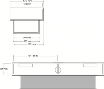 Norstone Design Lunde TV-møbel med dimensioner i millimeter, set forfra og fra siden, i sort og hvid