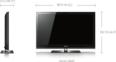 Samsung LE40B750 fladskærms-HD-tv set forfra på fod med dimensioner vist i cm