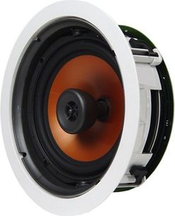 Klipsch CDT-3800-C indbygget højttaler, frontvisning, orange højttaler og sort diskant i cirkulær hvid ramme