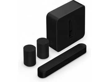Sonos Beam Gen 2 namų kino rinkinys su Sub Gen 4 žemųjų dažnių garsiakalbiu ir dviem juodomis Era 100 SL kolonėlėmis