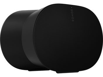 Two black Sonos Era 300 wireless speakers, front view, circular grille, honeycomb texture