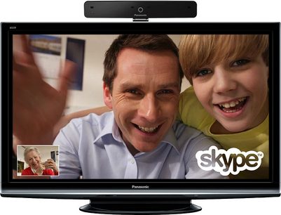 Panasonic computerskærm, der viser et foto af en smilende mand og dreng med Skype-logoet i nederste højre hjørne