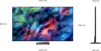 Televisore Samsung TMR65R95H vista frontale e di profilo, schermo nero con bordo sottile, piedistallo centrale e dimensioni visualizzate