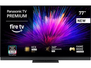 Téléviseur Panasonic TV-77Z95B noir, cadre plastique fin et pied central métallique, écran plat OLED 77 pouces, vue de face