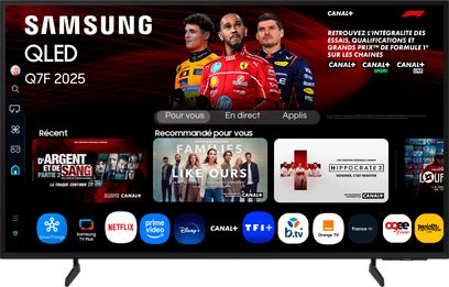 Samsung TQ85Q7F4 2025 sort TV, stor flad QLED-skærm, slankt metal- og plastikramme, V-formede ben med bred afstand, set forfra
