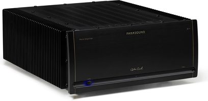 Parasound JC 1+ sort effektforstærker, frontpanel med logo, oplyst blå knap, set forfra