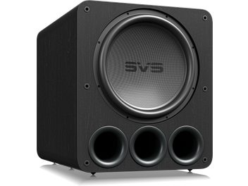 Caisson de grave SVS PB17-Ultra R|Evolution frêne noir, vue de face, haut-parleur circulaire central, 3 évents ronds en bas
