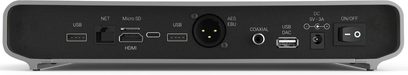 Volumio Rivo classic netværkslydafspiller, bagside, usb-stik, net, micro sd, hdmi, aes ebu, coaxial, usb dac, strømforsyning, afbryder