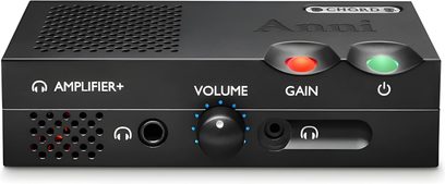 Ampli hi-fi stéréo Chord Electronics ANNI Noir, vue de face, boutons volume et gain, 2 LED rouge et verte, grille noire