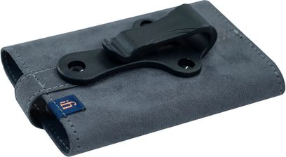Estojo iFi Audio xDSD Gryphon em camurça cinza, clipe de cinto preto com parafuso, vista superior em três quartos