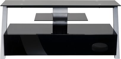 Ateca Silhouette sølv/sort audio-/videomøbel, set forfra, 2 blanke sorte hylder, 1 midterhylde i glas, sølvfarvet metalstruktur