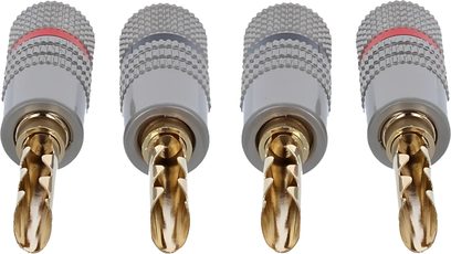 4 connettori a banana Enova HIFI FBAB 200 LUXE dorati e argentati, vista frontale, con anelli rosso e nero