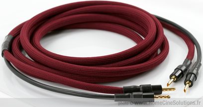 5 meter rødvinrød flettet lydkabel med sorte bananstik i enderne, fra mærket MPC Audio Equilibre HP
